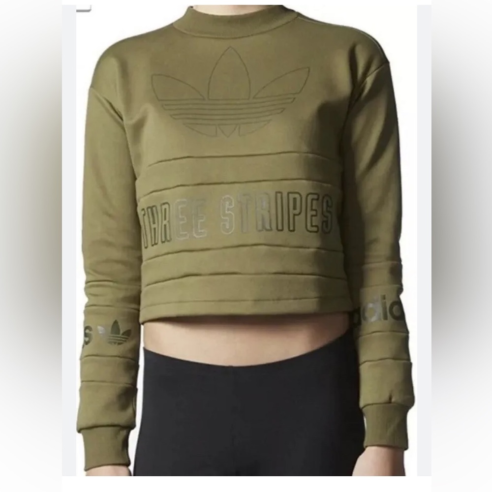 Adidas olive army green pullover three stripes logo crop top sweatshirt